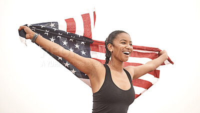 Buy stock photo Shot of a young female athlete holding the american flag