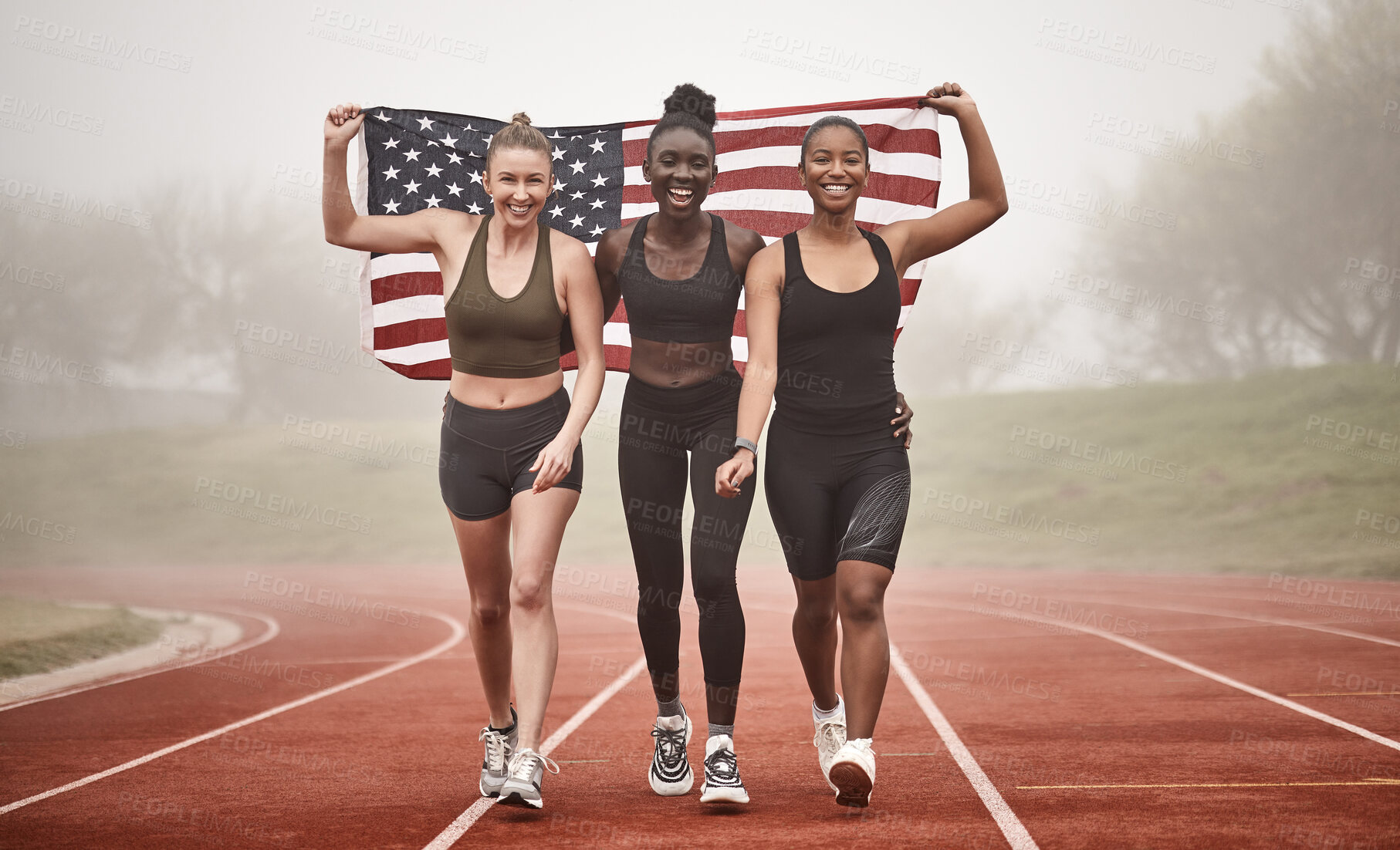 Buy stock photo Shot of a young sports team holding the american flag