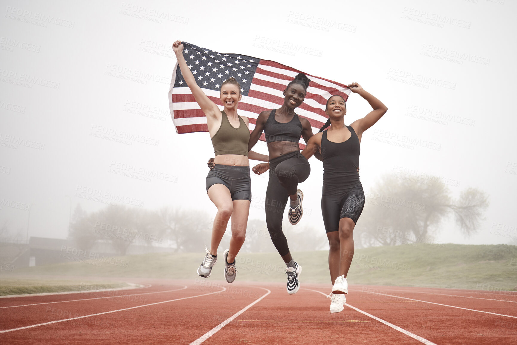 Buy stock photo Shot of a young sports team holding the american flag