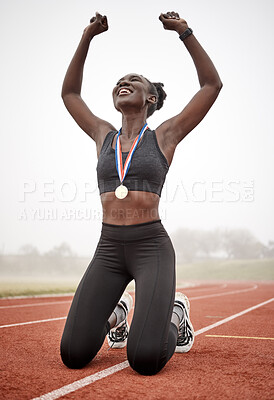 Buy stock photo Shot of a young female athlete celebrating her run