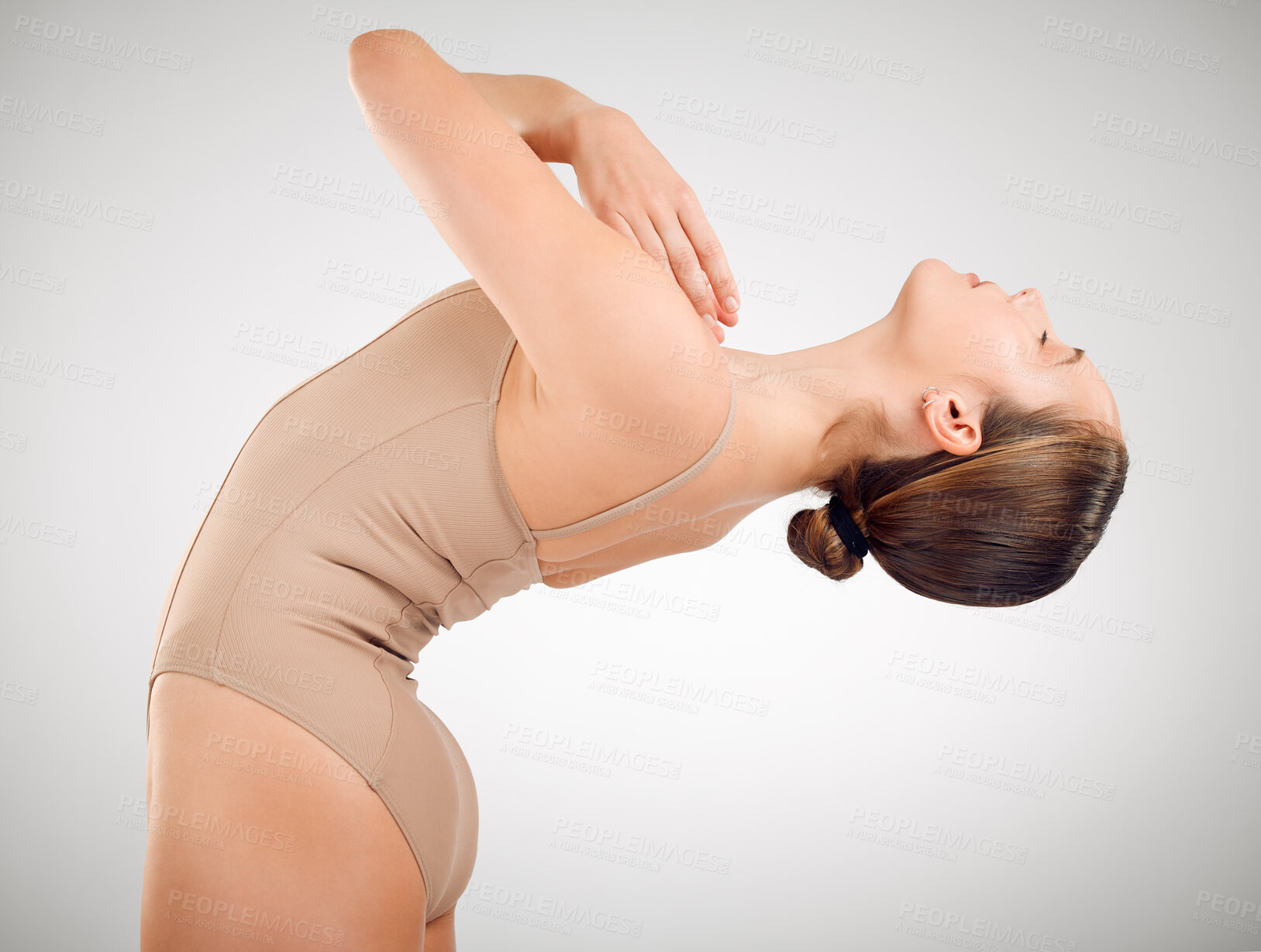 Buy stock photo Flexible, dancer and girl in studio for ballet, stretching or warm up for recital or show performance. Ballerina, woman or balance for elegance, training and expression in theatre on white background