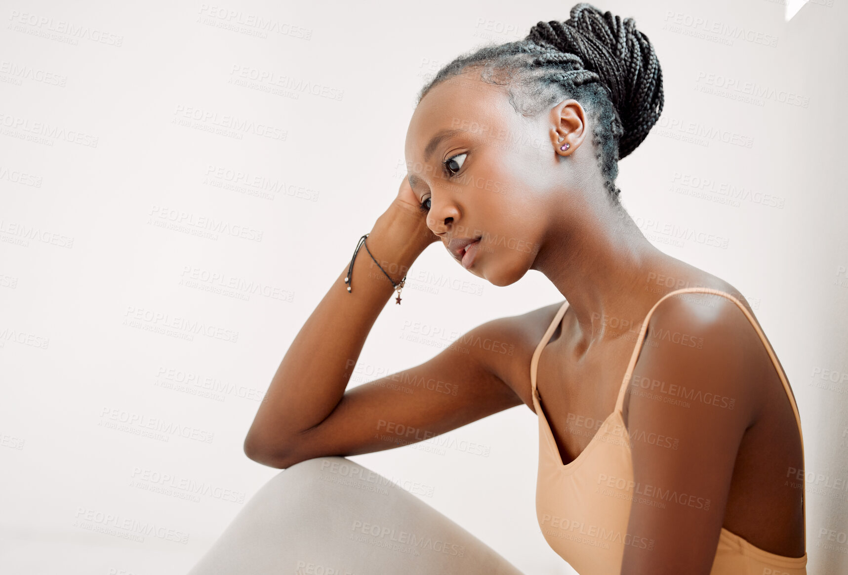 Buy stock photo Sad, ballerina and girl at dance studio for performance anxiety, practice and difficult recital. Tired, female person and thinking with stress at ballet academy for routine, learning and pressure