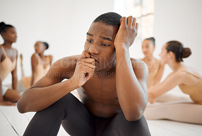 Buy stock photo Ballet school, sad and class with boy on floor for learning, pressure and performance anxiety. Tired, male person and thinking with stress at dance academy for recital, practice and difficult routine