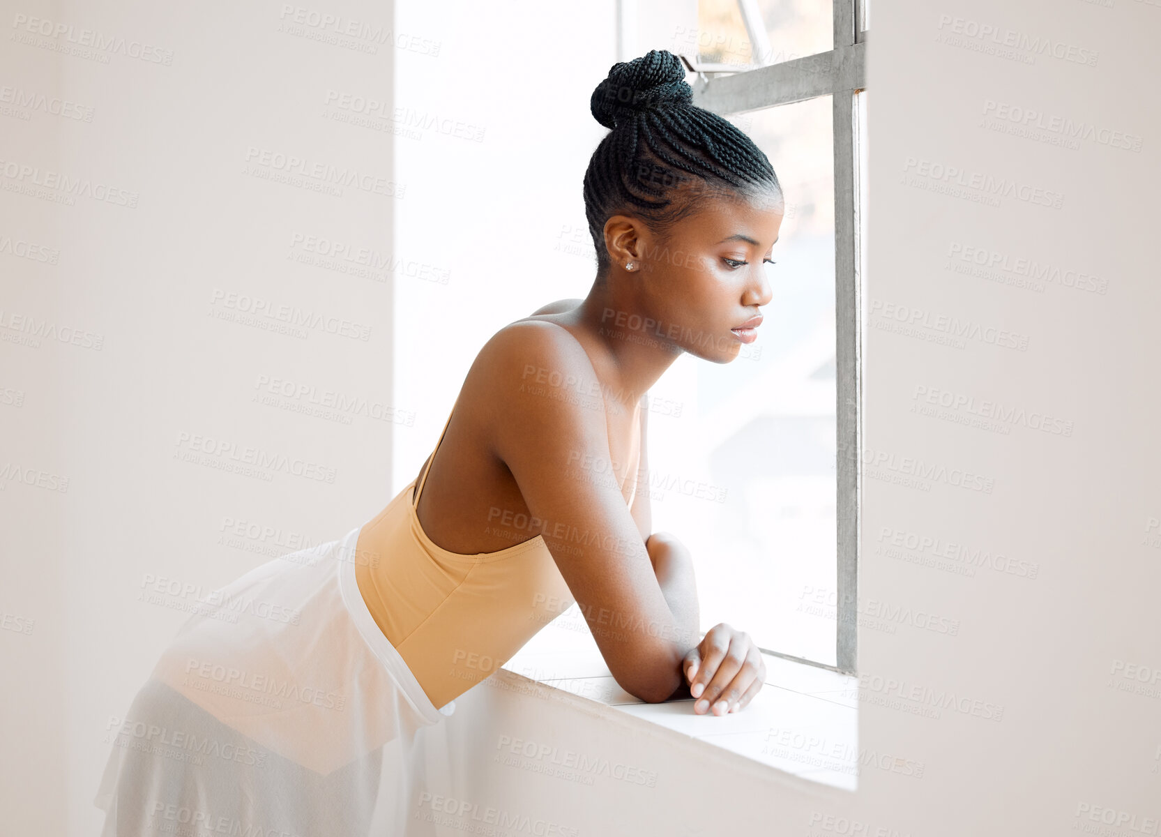 Buy stock photo Memory, thinking and sad black woman in ballet by window for dance performance, recital or theater. Depressed, girl or ballerina with stress for classical entertainment practice at academy for talent