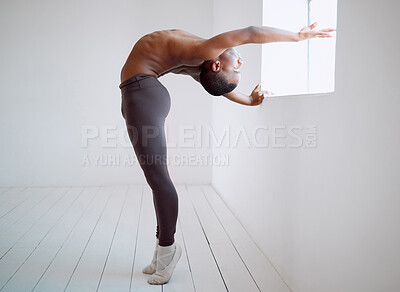 Buy stock photo Balance, ballerina or boy in studio, artist and mockup space for fitness, healthy or energy. Art, dancer or ballet dancing or training to exercise in practice motion, workout and cardio for wellness