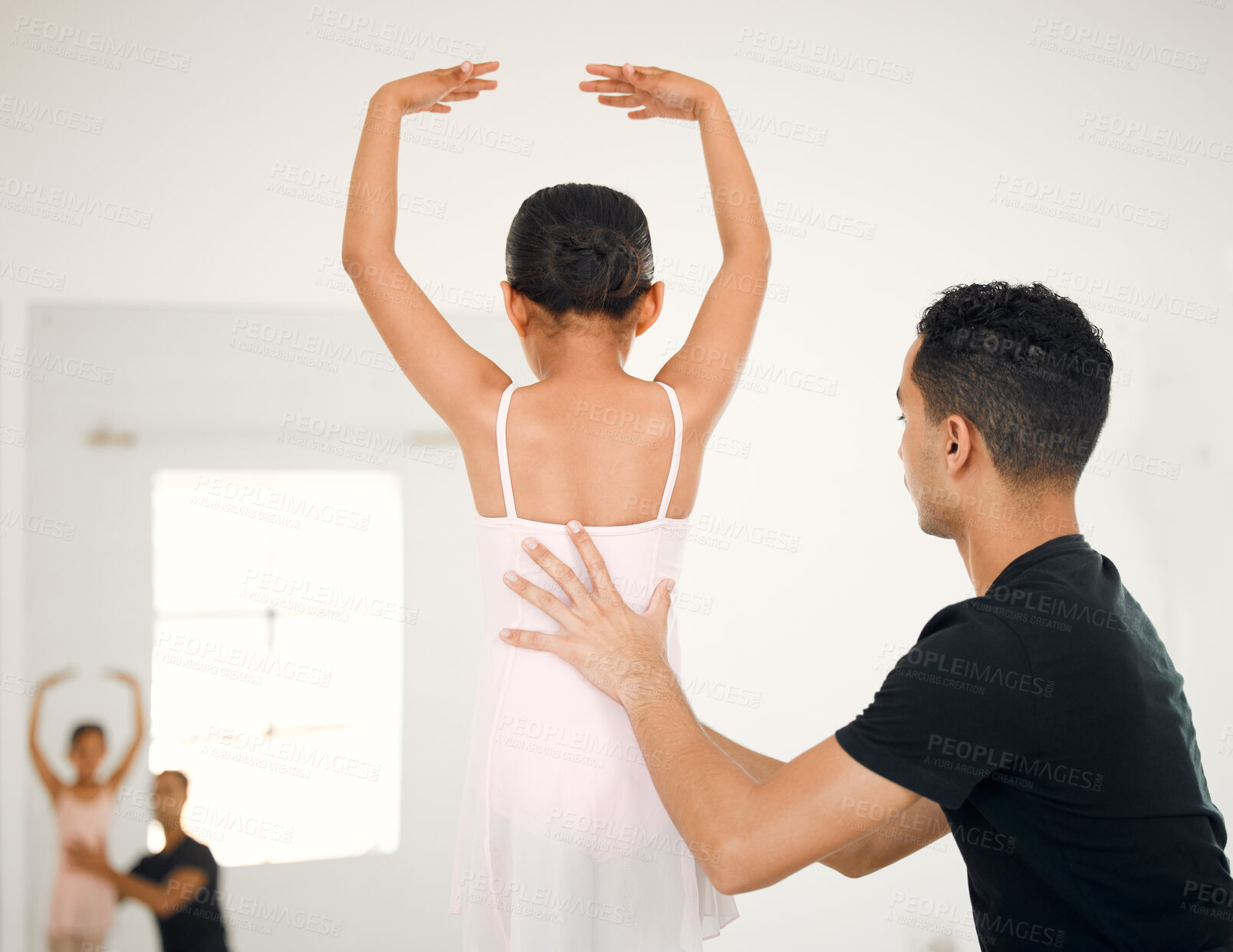 Buy stock photo Support, mirror and ballet with back view, child and teacher for learning and dance in studio. Creativity, reflection and girl or ballerina in class for training, performance or talent and mentor