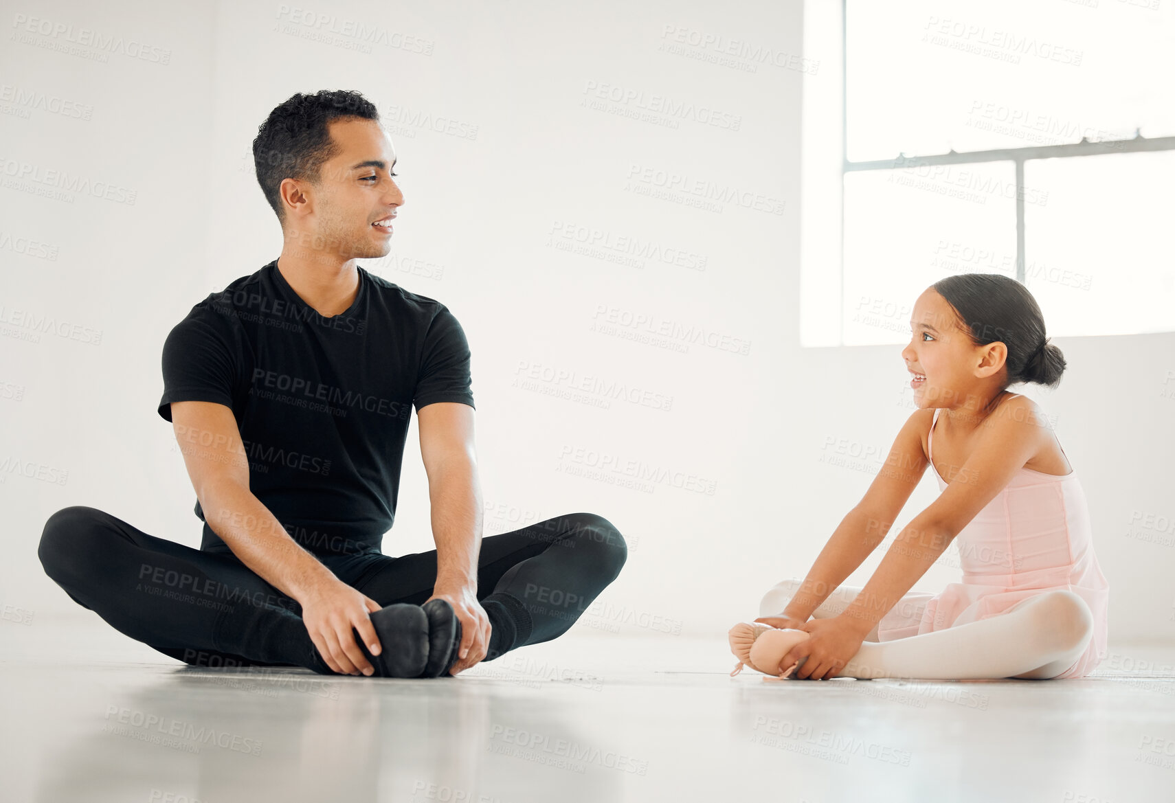 Buy stock photo Child, ballet and teacher with student on floor for stretching, learning or development for dance in studio. Creativity, coach and happy ballerina in theatre for balance, support or mentor for talent