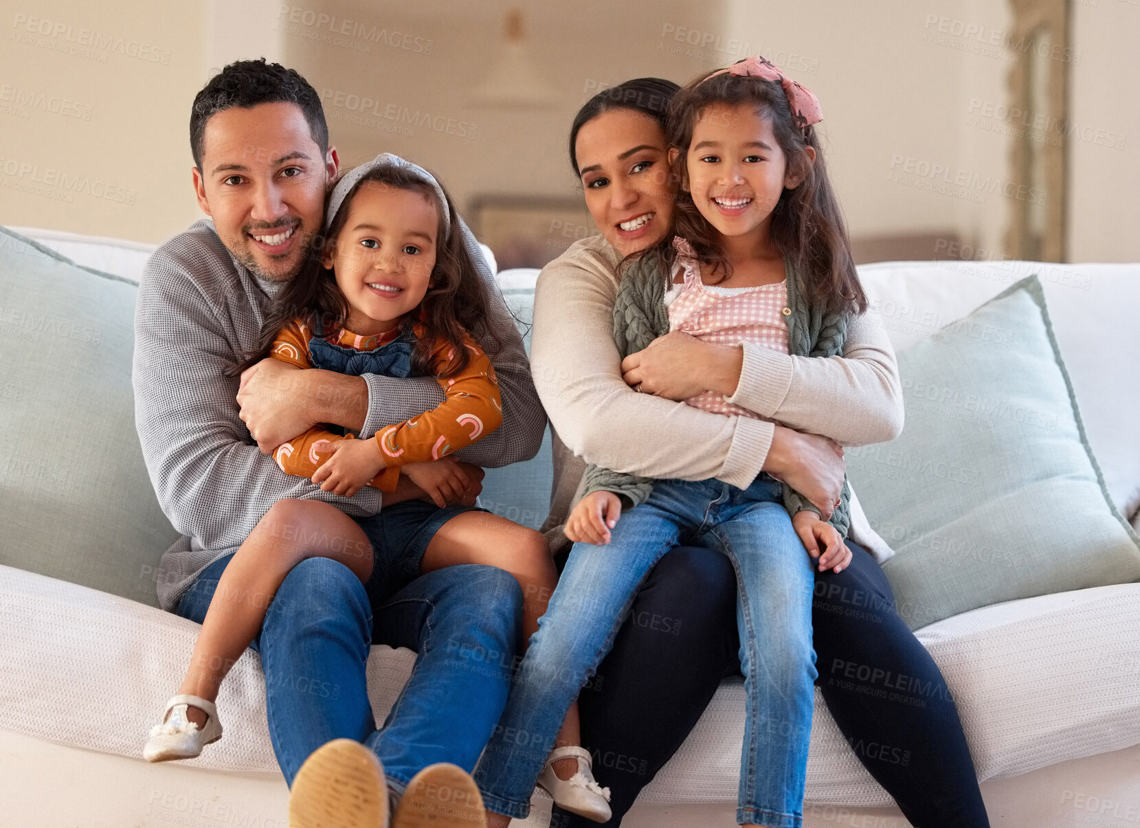 Buy stock photo Happy family portrait, parents and kids on sofa in home for bonding, support and security with playing for fun. People, girls or relax in living room with embrace, trust or hugging with love in house