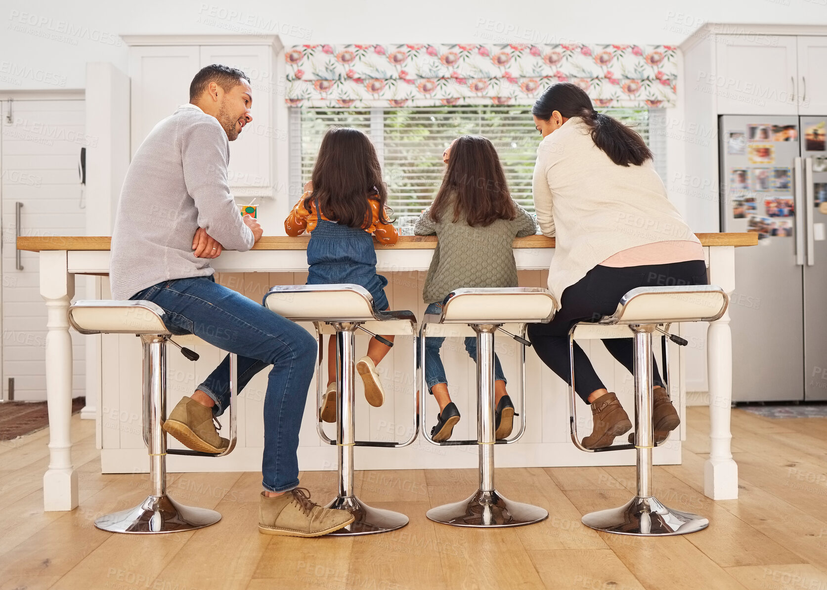 Buy stock photo Family, children and relax by kitchen counter at house for bonding, breakfast and love in morning together. Parent, kids and table with care, support and trust for connection of wellness development