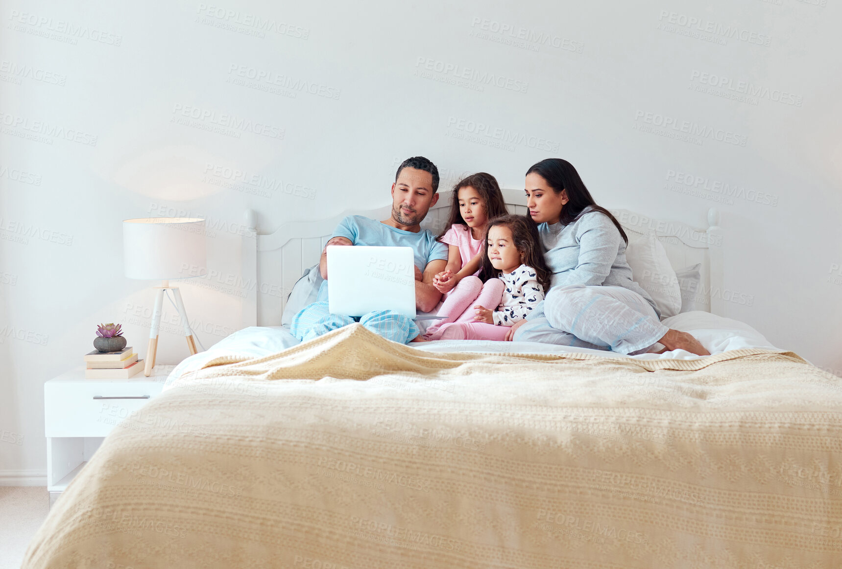 Buy stock photo Parents, girls and people with laptop in bedroom for fun with streaming movies, cartoons and entertainment. Home, family and kids for subscription for bonding or child development and love or care