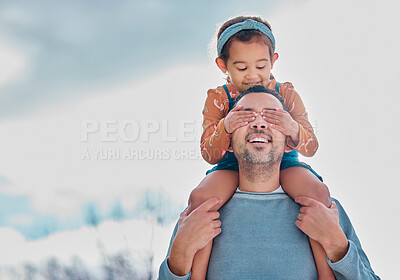Buy stock photo Father, child on shoulder and hands on eyes on nature walk for happy bonding, family time and relationship love. Dad, girl and kid daughter with a smile walking on outdoors mockup adventure together
