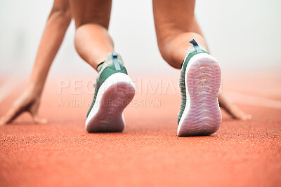 Buy stock photo Woman, feet and start race at stadium for athletics event, outdoor run and training in fog. Athlete legs, sneakers and begin running for relay or cardio workout, speed and exercise for competition