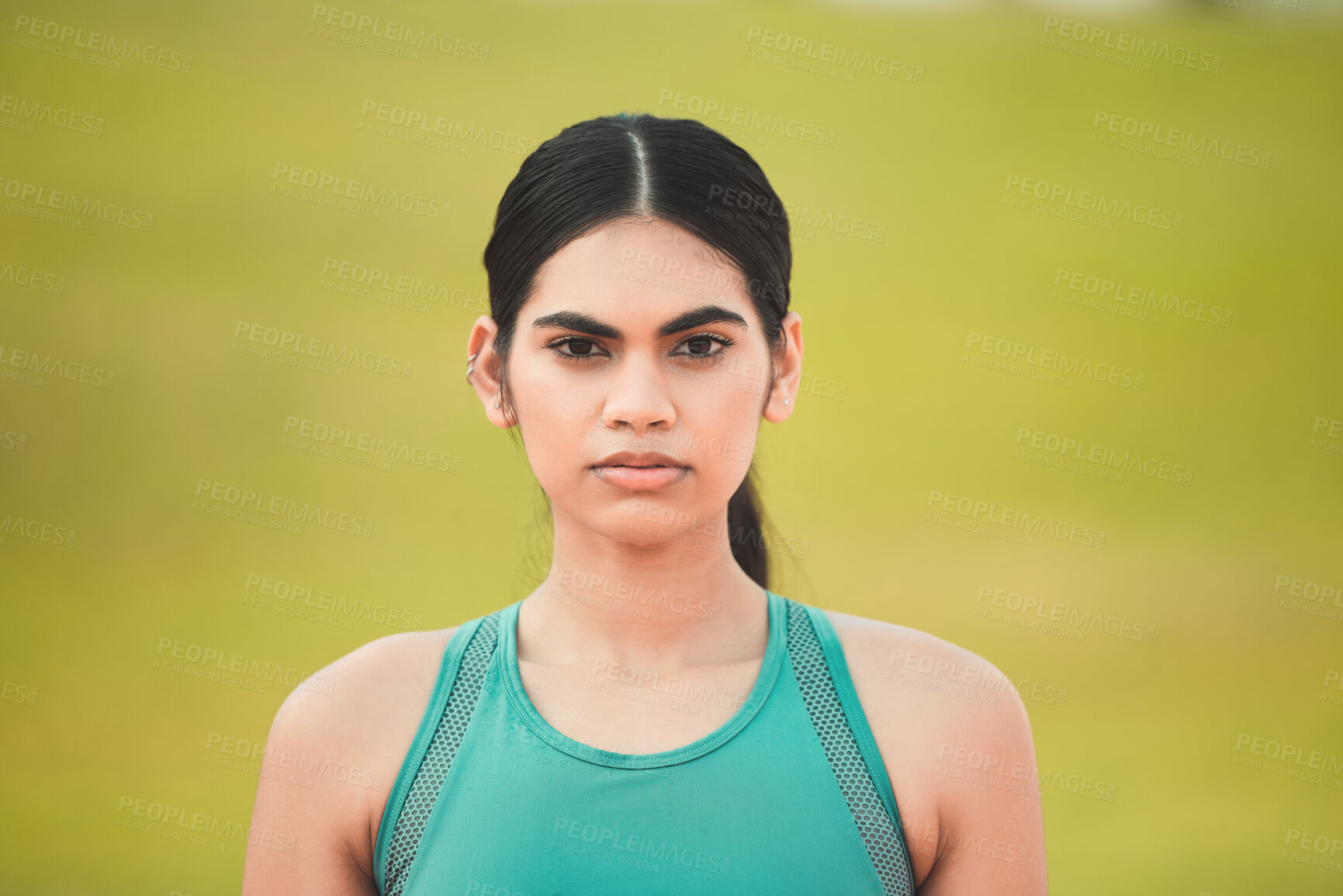 Buy stock photo Indian woman, face and fitness outdoor for wellness, health and challenge with mindset or motivation. Female athlete, porteait and ready for exercise in morning with resilience, commitment or serious