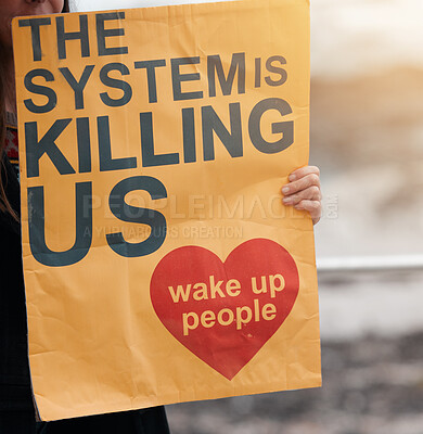 Buy stock photo Protest, activist and movement with sign for government to change system or stop inequality, corruption or oppression. Community, support and person and poster for transformation of political freedom