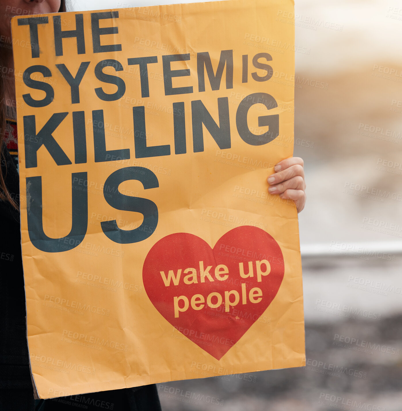 Buy stock photo Protest, activist and movement with sign for government to change system or stop inequality, corruption or oppression. Community, support and person and poster for transformation of political freedom