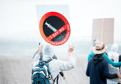 Buy stock photo Covid, human rights and protest with people outdoor for demonstration or political rally. Freedom, government or law and radical group with poster in city, fighting for change, community or society