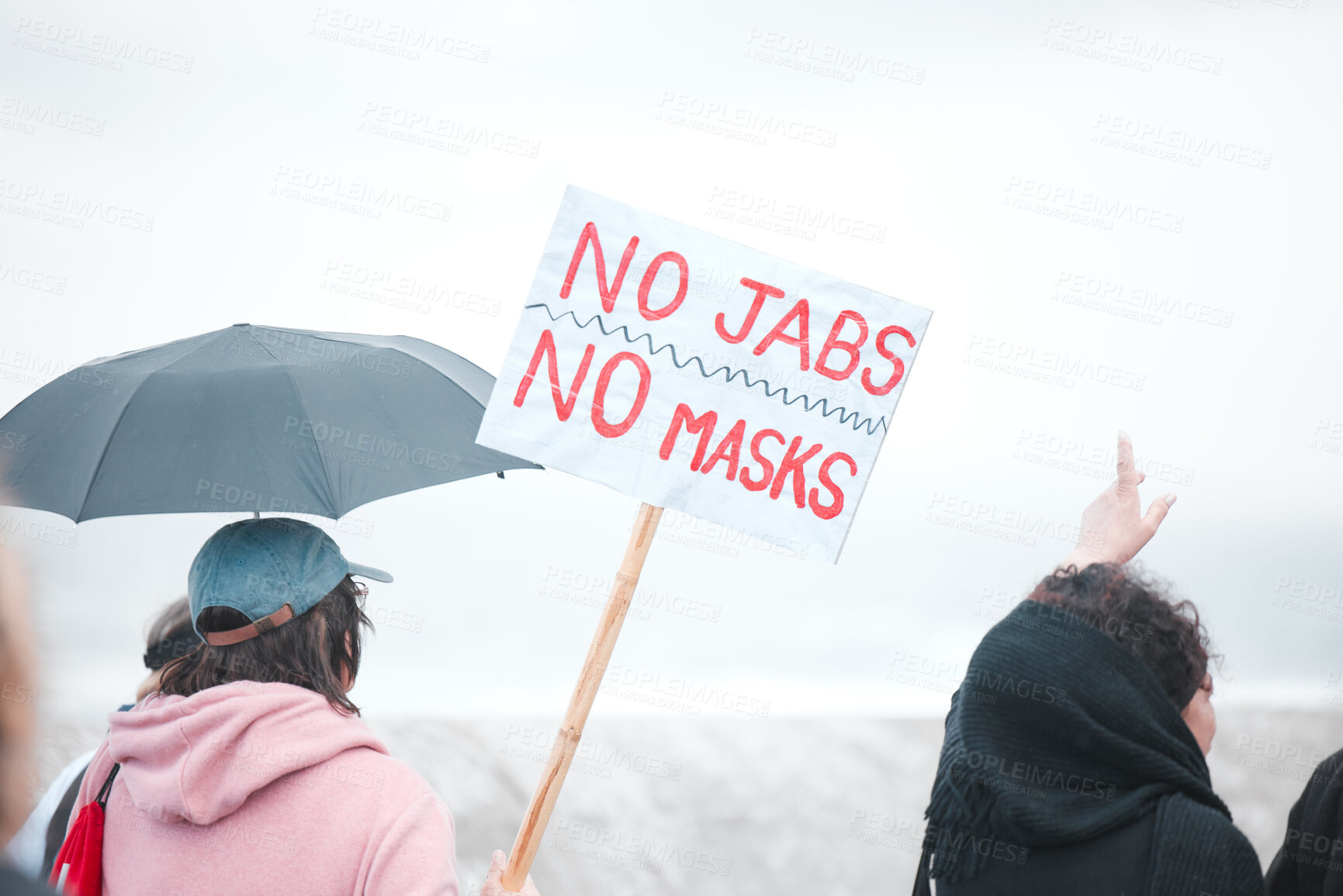 Buy stock photo People, protest and placard with billboard or sign for health, freedom or choice of anti vaccine. Activist, community or group in rally with poster or board in riot, march or strike for human rights