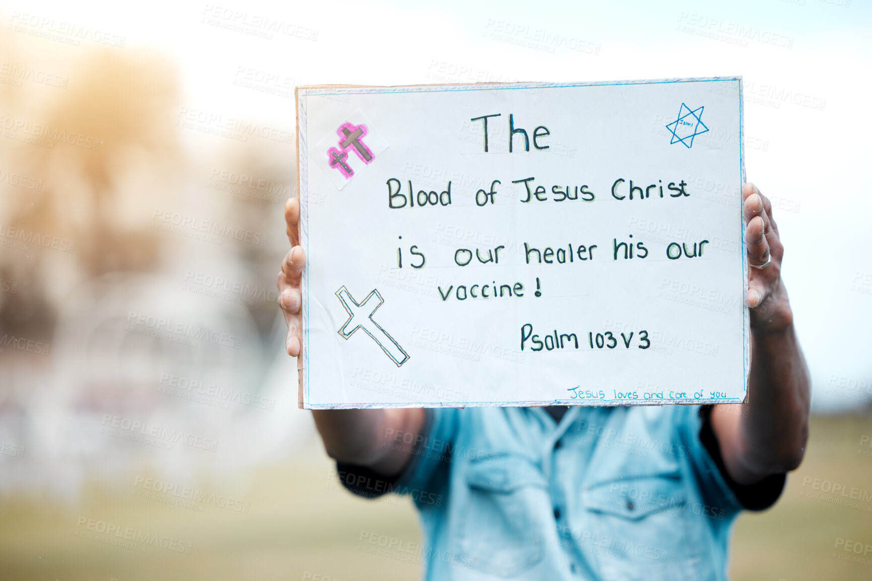 Buy stock photo Protest poster, covid vaccine or sign of person, protester or Christian activist for fight, politics or rally. Anti vax, law rights or banner in riot for choice, religion or psalm verse for freedom