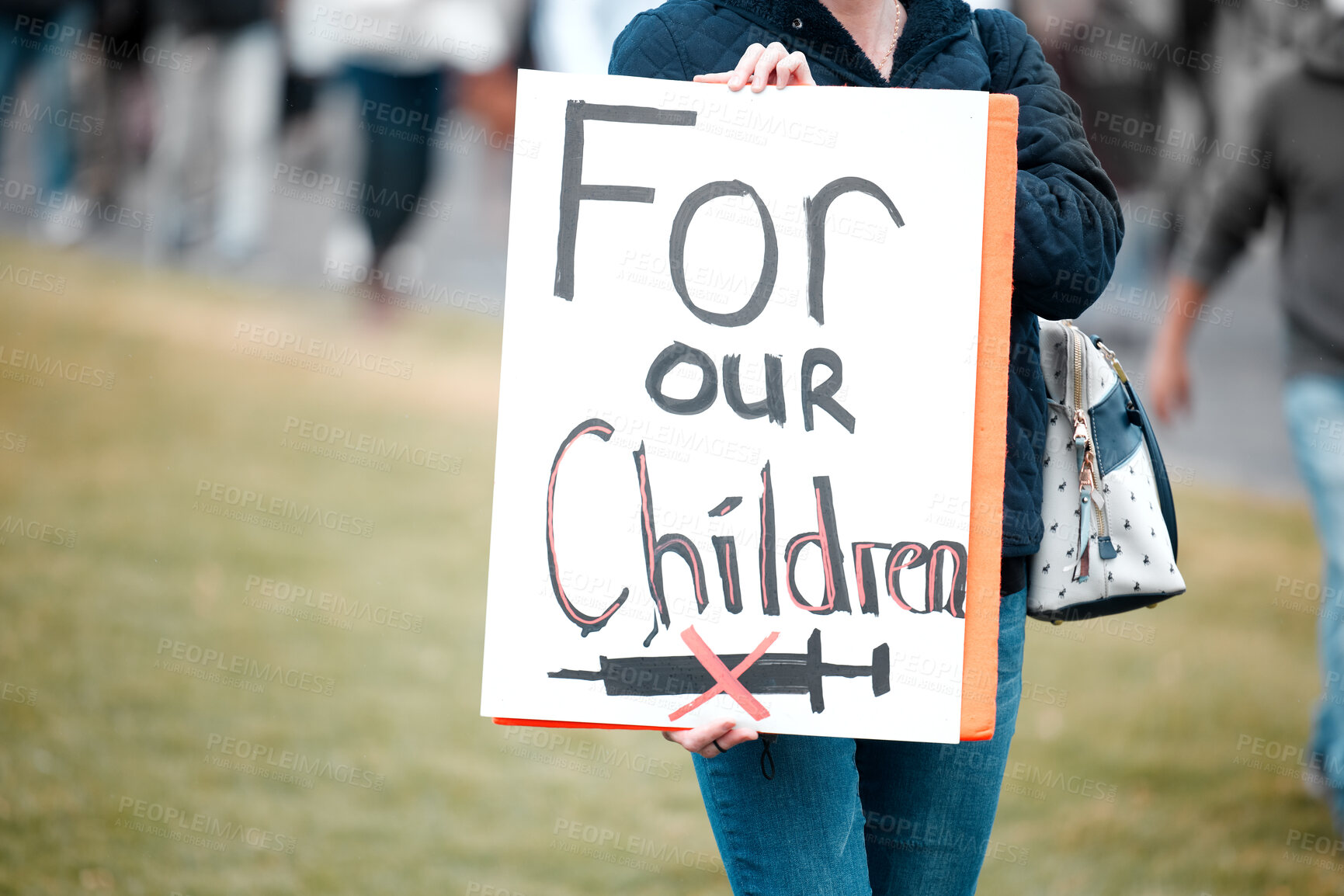 Buy stock photo Banner, protest or woman with no vaccine for children sign at rally for covid, warning or fight. Government, politics and crowd with billboard for law, ban or poster for stop drug, crisis or disaster