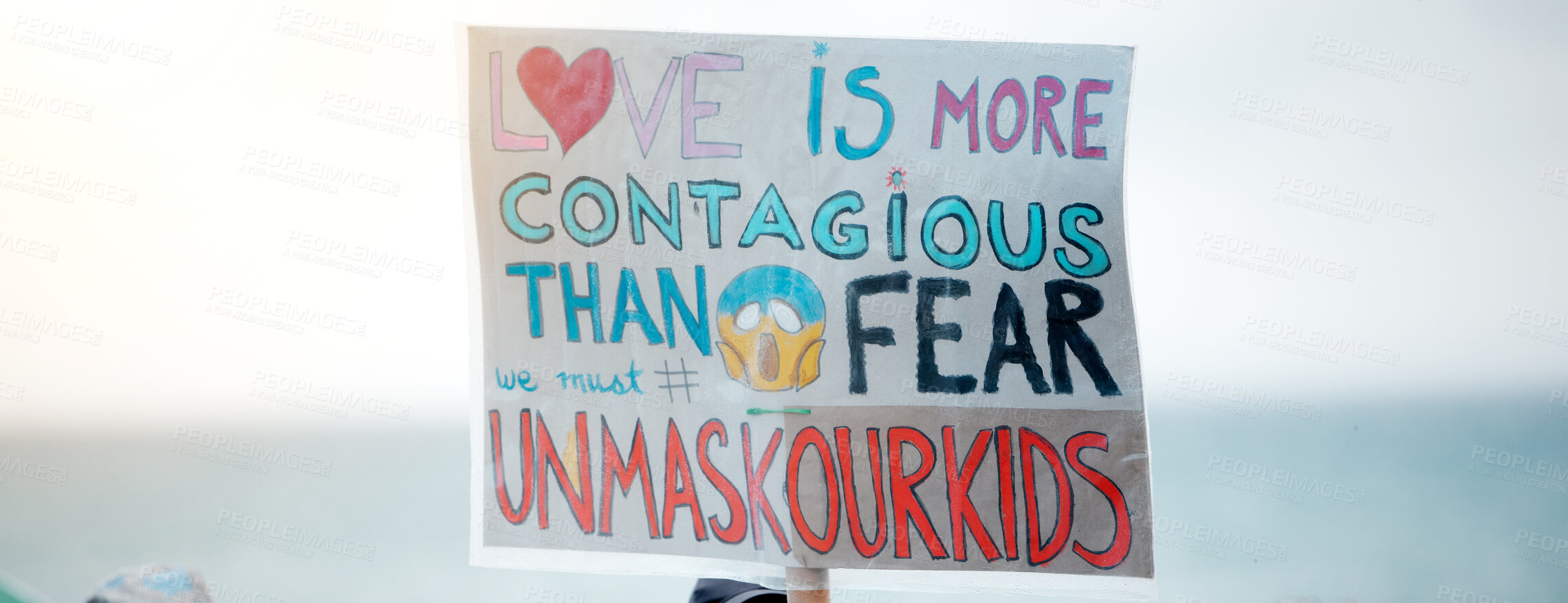 Buy stock photo Outdoor, paper and protest with poster with sign for human rights, freedom and medical politics. Mask ban, march and billboard with statement in activism for change, oppression or justice for society