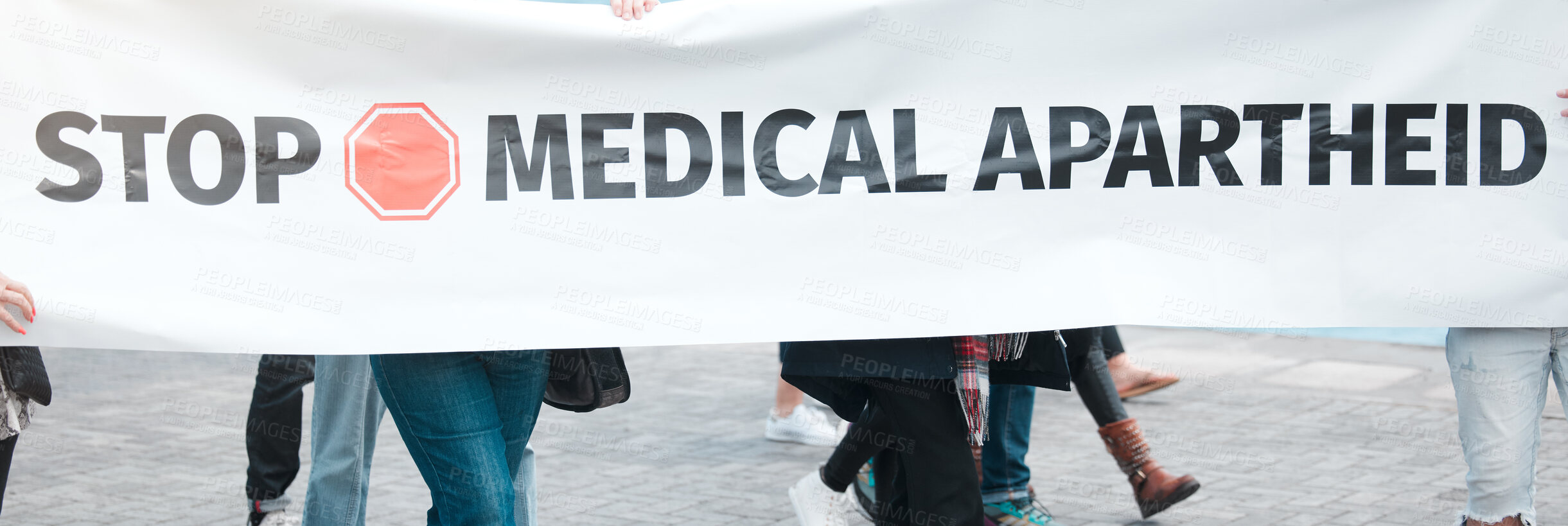 Buy stock photo Crowd, protest and banner for vaccine, passport or justice on sign, medical or human rights in city. People, support and fight to stop pharma, equality or opinion for covid drugs with voice in street