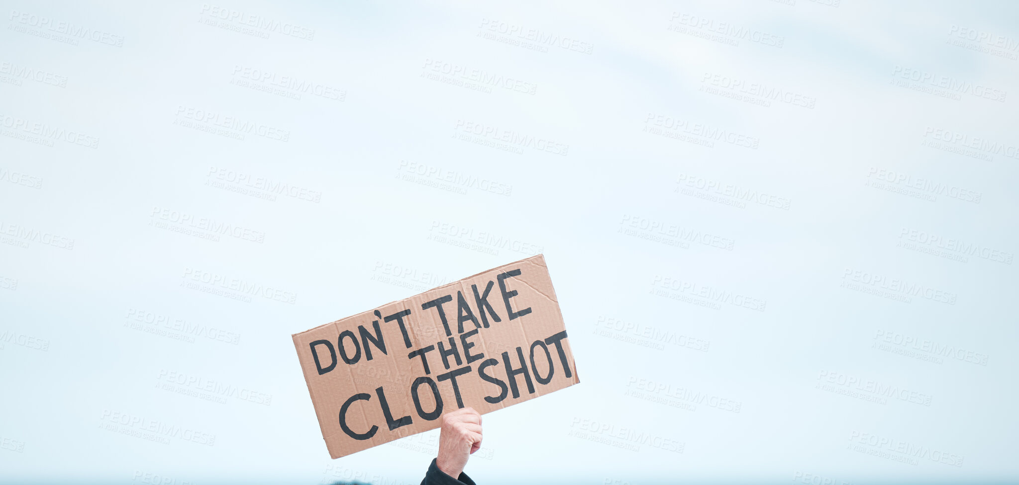 Buy stock photo Sign, politics and person for choice, human rights and virus in vaccine for citizens. Hand, demonstration and protest in campaign for healthcare in pandemic against vaccination by government or state