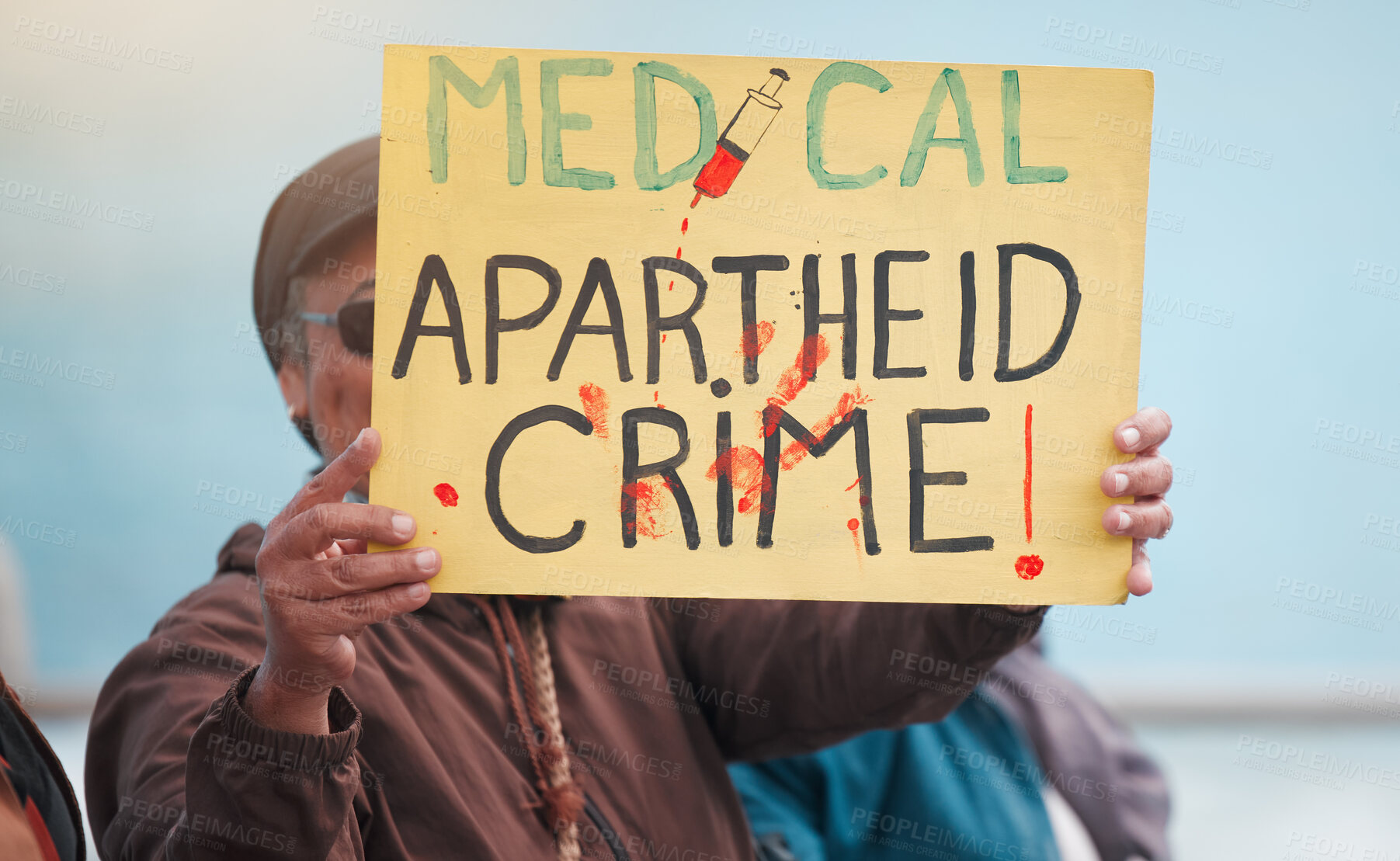 Buy stock photo Person, protest and board in street for vaccine, opinion and sign for corona, medical or human rights. Crowd, support and fight to stop pharma crime with choice, decision and covid with voice in city