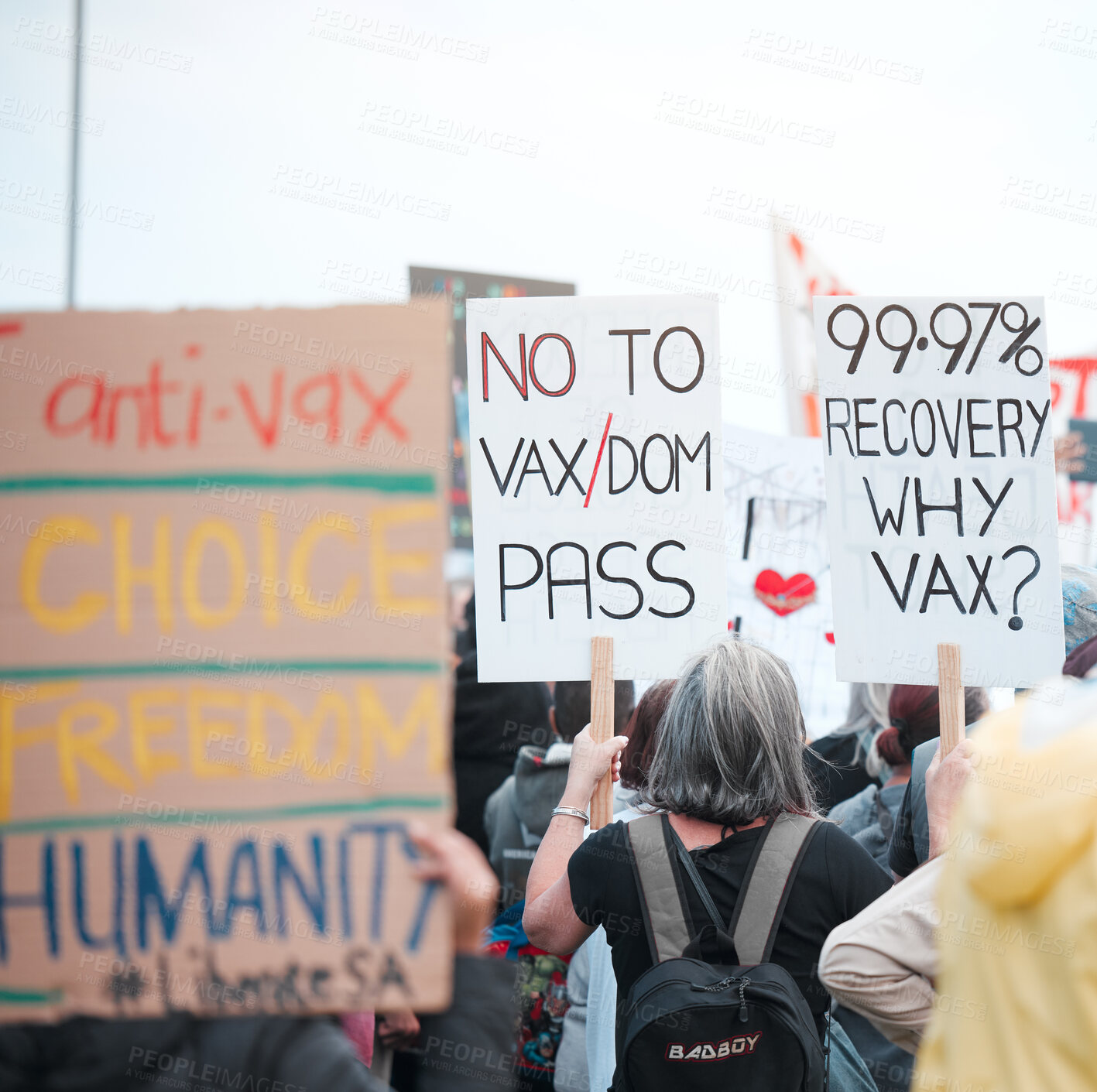 Buy stock photo People, protest and poster in group for vaccine, opinion or sign for corona, medical and human rights. Crowd, support and fight to stop pharma crime for choice, decision or covid with voice in city