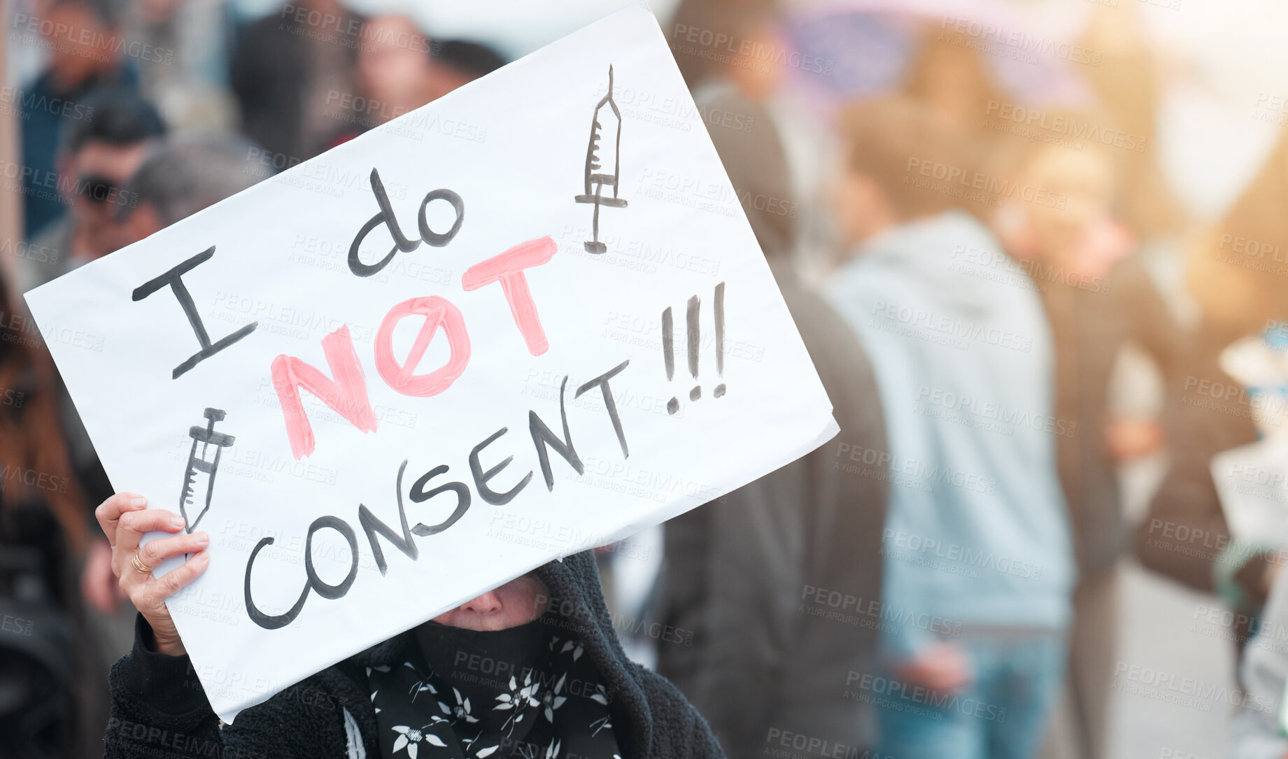 Buy stock photo Person, protest and poster with crowd for vaccine, opinion or sign for corona, medical or human rights. People, support and fight to stop pharma crime for choice, decision or covid with voice in city