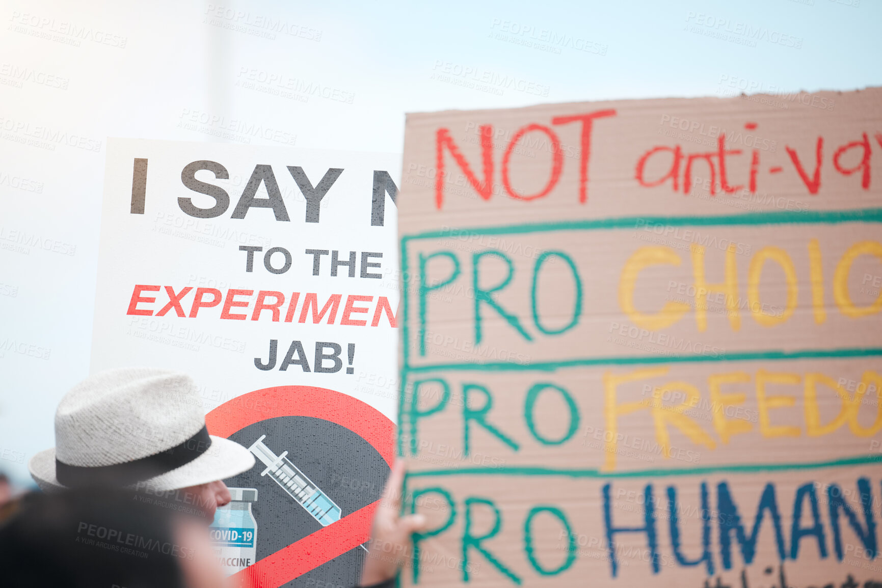 Buy stock photo People, protest and poster with crowd for vaccine, opinion or sign for corona, medical or human rights. Group, support and fight to stop pharma crime for choice, decision or covid with voice in city