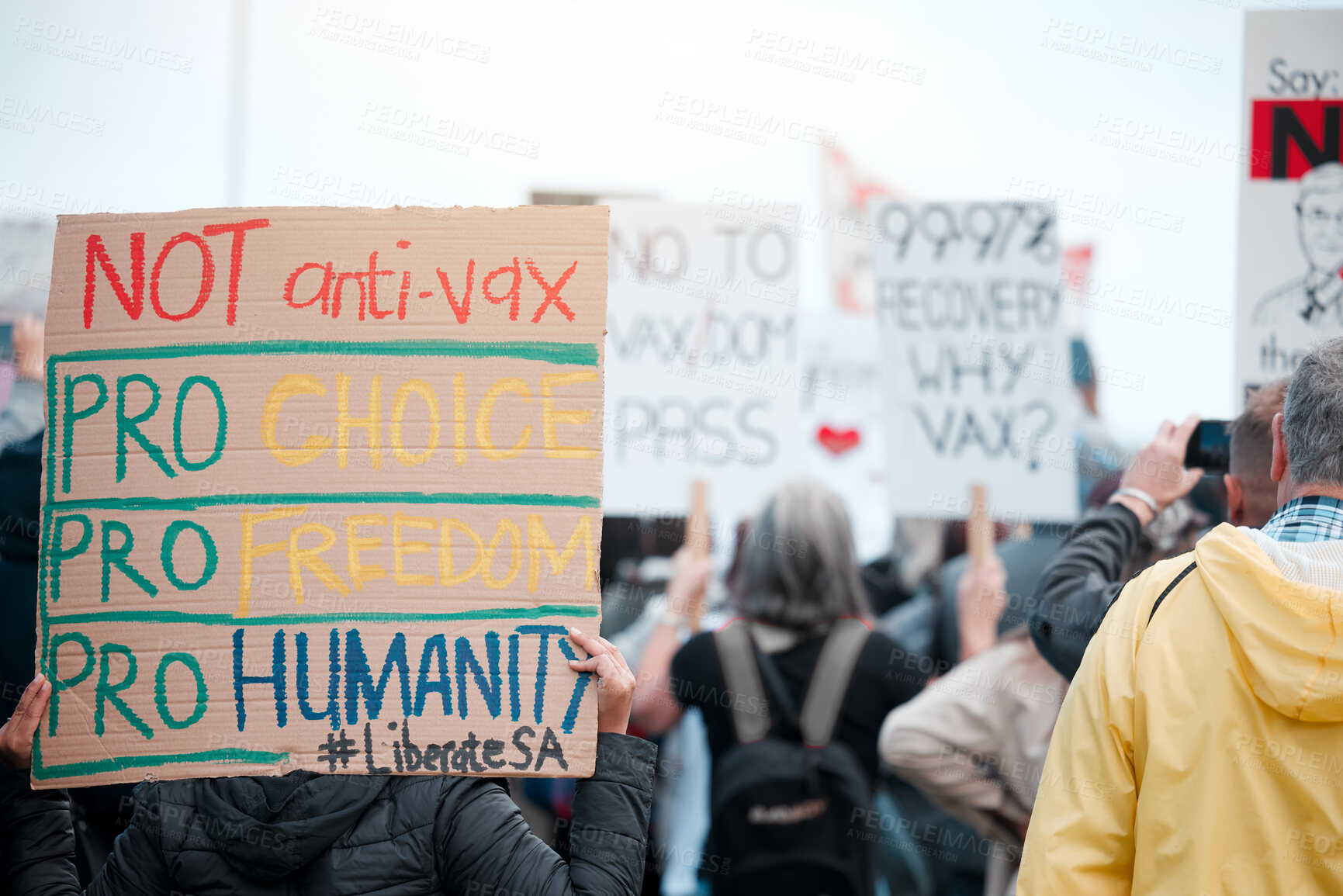 Buy stock photo People, protest and sign with crowd for vaccine, opinion or poster for corona, medical or human rights. Group, support and fight to stop pharma crime for choice, decision or covid with voice in city