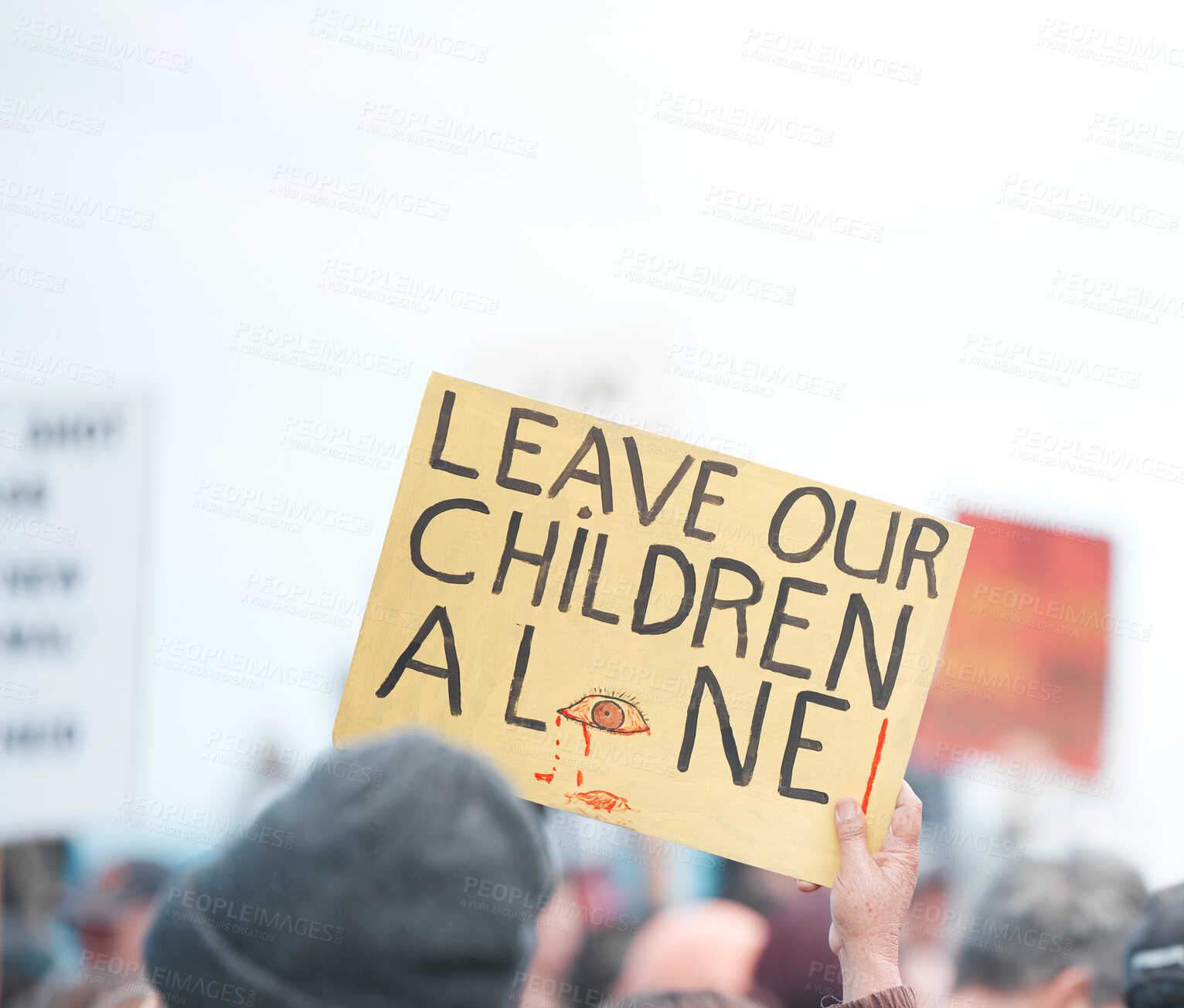 Buy stock photo Sign, politics and placard for children rights and human trafficking in United States. Demonstration, protest and campaign for justice in country against kidnapping for awareness, protection by state