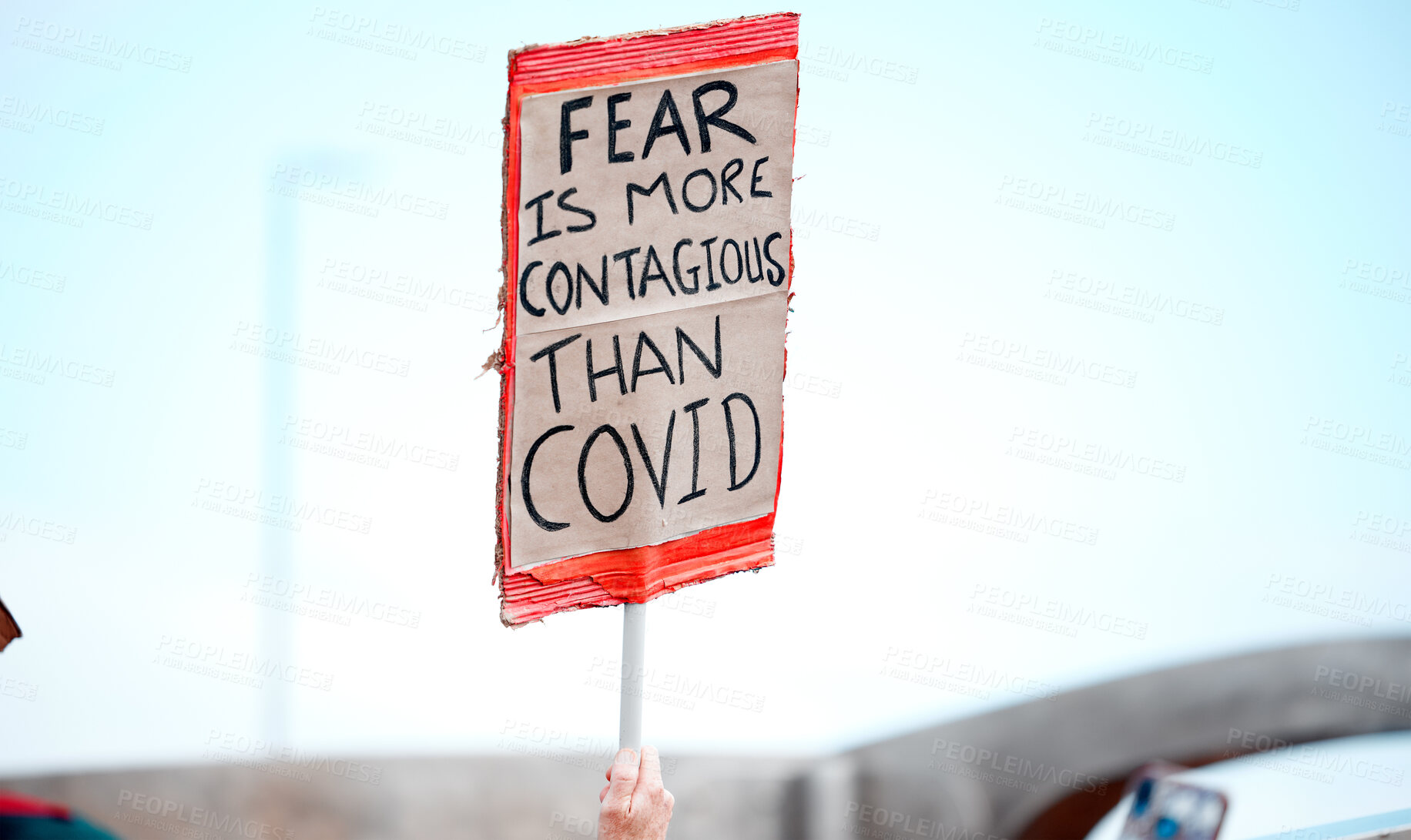 Buy stock photo Protest, sign and covid or demonstration with board, slogan and beliefs for fight against political views on medical vaccine. Poster, human rights and activism for government, justice and rally