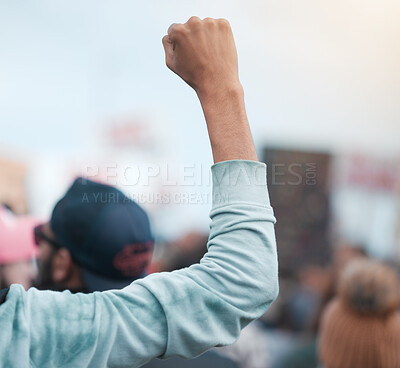 Buy stock photo Person, hand and fist for protest, social justice and group demonstration for civil rights and freedom. People, politics and objection gesture to government or state for change or progress in society