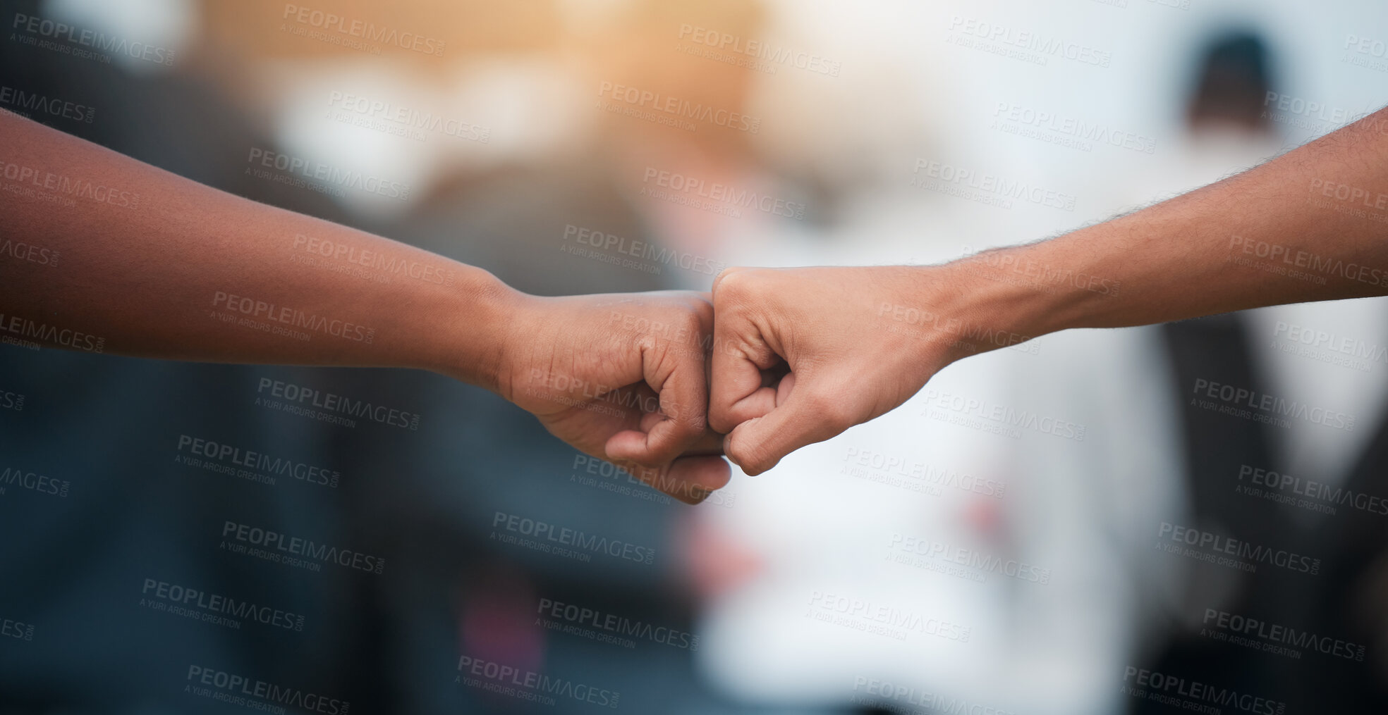 Buy stock photo Hands, people and first bump for teamwork with motivation for success and well done with collaboration. Never give up, empower and greeting with friends for commitment in solidarity for community