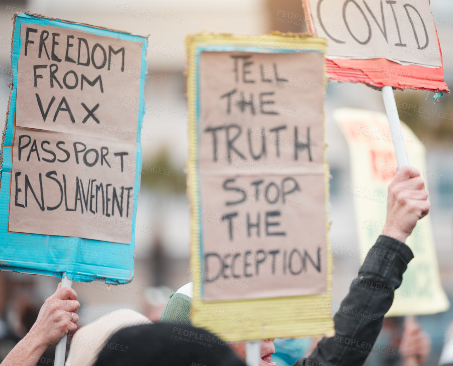 Buy stock photo Protest, sign and covid 19 or demonstration with board, slogan and beliefs for fight against political views on medical vaccine. Poster, human rights and activism for government, justice and rally