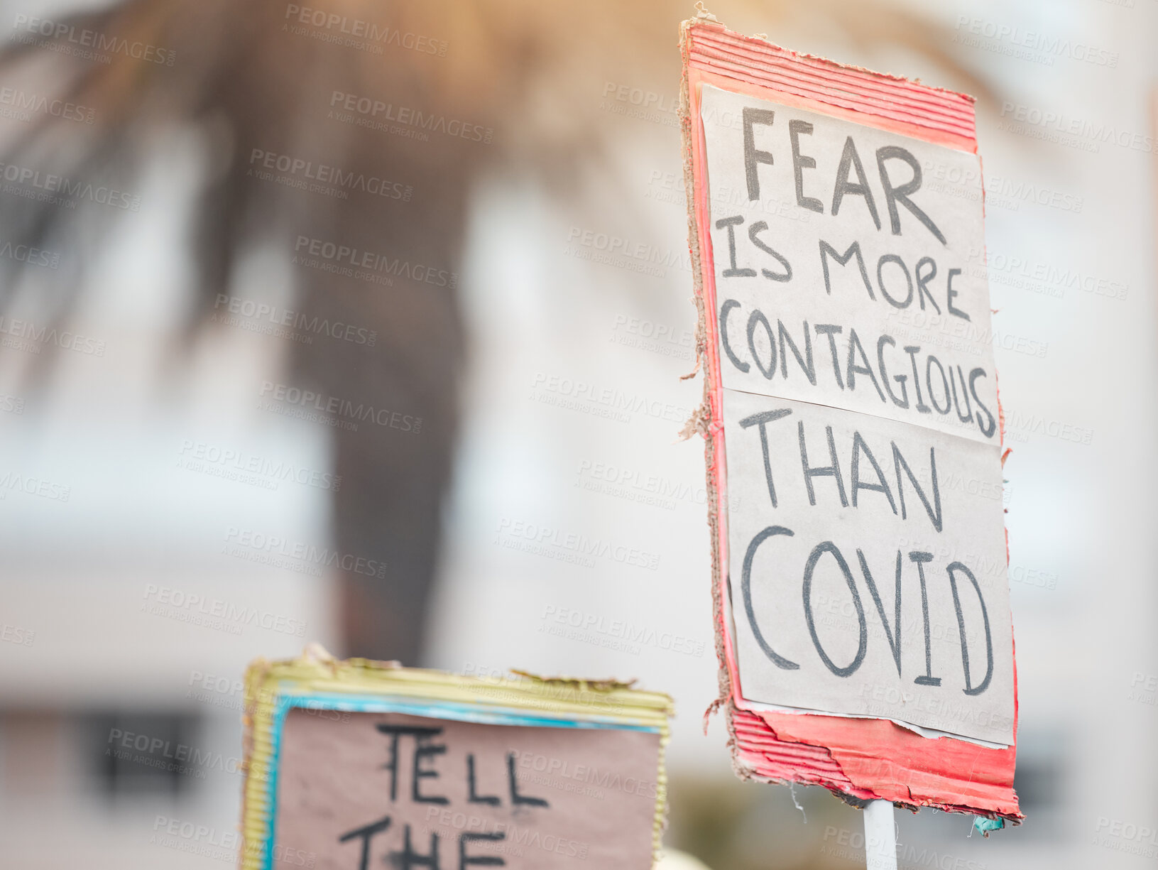 Buy stock photo Protesters, sign and covid or demonstration with board, slogan and beliefs for fight against political views on medical vaccine. Poster, human rights and activism for government, justice and rally