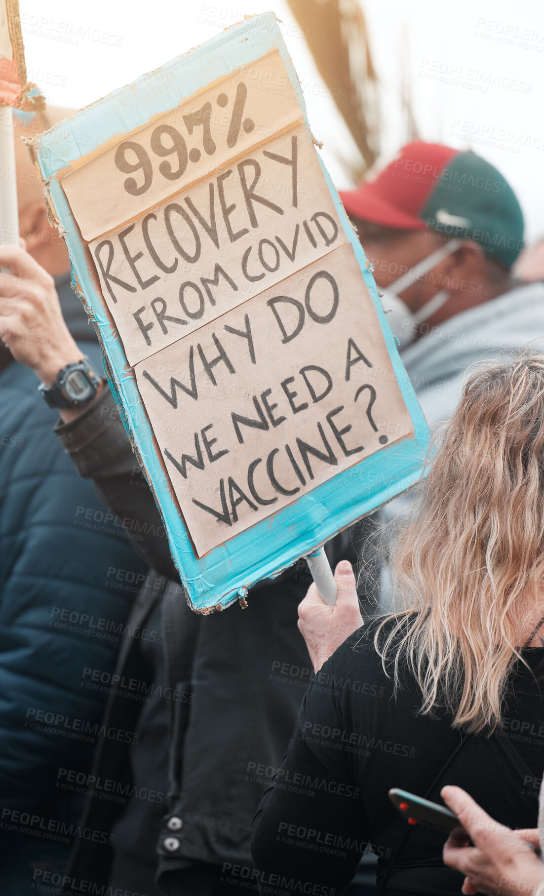 Buy stock photo Covid, government and protest with people outdoor for demonstration or political rally. Freedom, human rights or law and radical group with poster in city, fighting for change, community or society