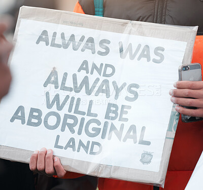 Buy stock photo Person, protest and aboriginal with support, march and sign with demands, human rights and freedom. Cardboard, holding paper and indigenous with group in street, Australia  and event for justice