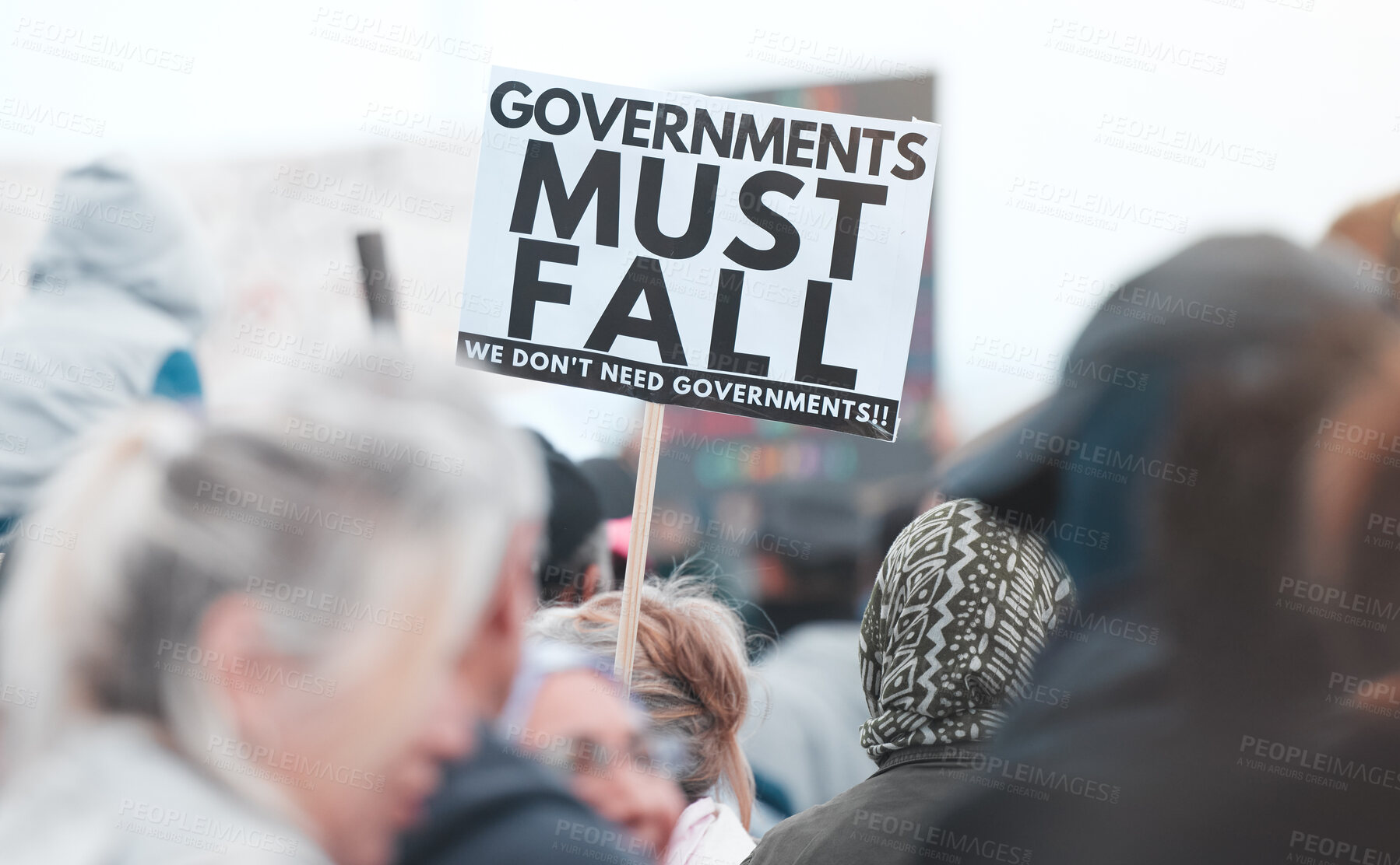 Buy stock photo Protest, poster and people in city for government corruption, crime and money laundering with solidarity. Crowd, board and opinion for justice, politics and rally on metro sidewalk to fight fraud