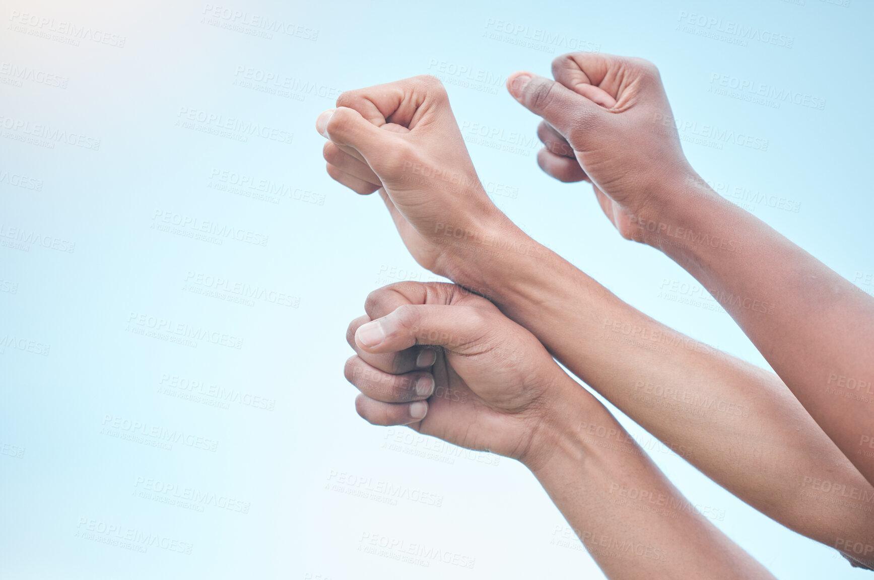 Buy stock photo Diversity, equality or hands for protest or human rights, politics or fighting for change outdoor. Freedom, community or group of people as collaboration, unity or crowd support solidarity as society