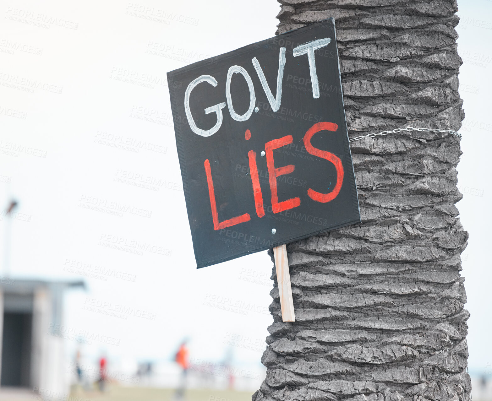 Buy stock photo City, paper and protest banner with sign for government, corruption and political revolution. Tree, billboard and poster with statement in activism for human rights, propaganda or change in elections