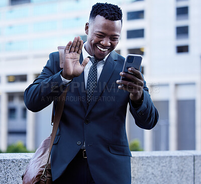 Buy stock photo Phone, video call and wave with business black man in city for communication or networking. Contact, corporate and smile with happy professional employee in urban town for morning commute to work