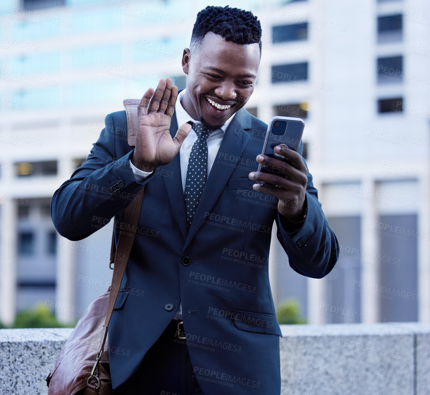 Buy stock photo Phone, video call and wave with business black man in city for communication or networking. Contact, corporate and smile with happy professional employee in urban town for morning commute to work