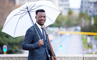 Buy stock photo Umbrella, city and portrait of business black man walking for morning commute, travel and journey. Professional, corporate worker and person in winter with pride for career, job and work in town