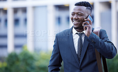 Buy stock photo Businessman, call and phone to travel or outdoor as for conversation, schedule and networking as manager. Black, male person and happy on mobile device for talking to client with project proposal  