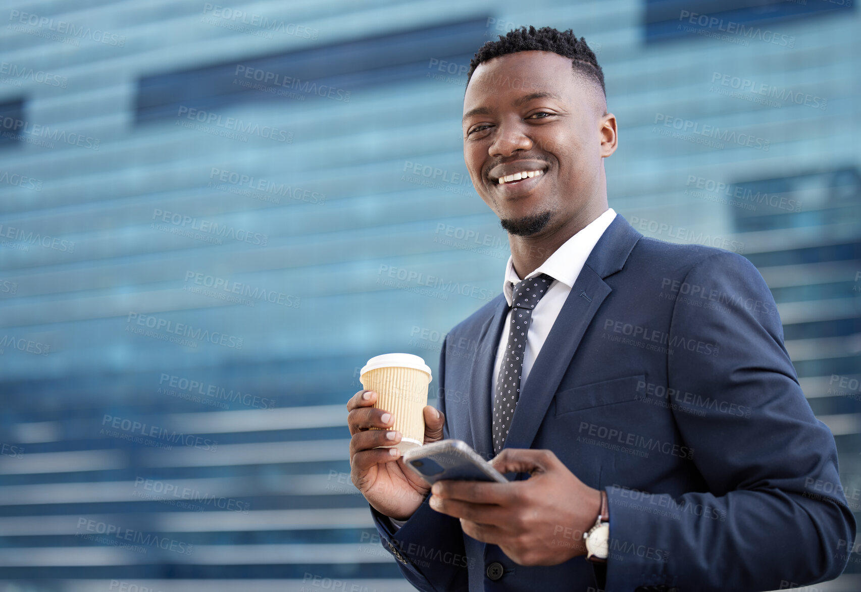 Buy stock photo Black man, business and coffee with phone in portrait for schedule or networking as manager with digital technology. Happy, male person and mobile device for research on project proposal for work