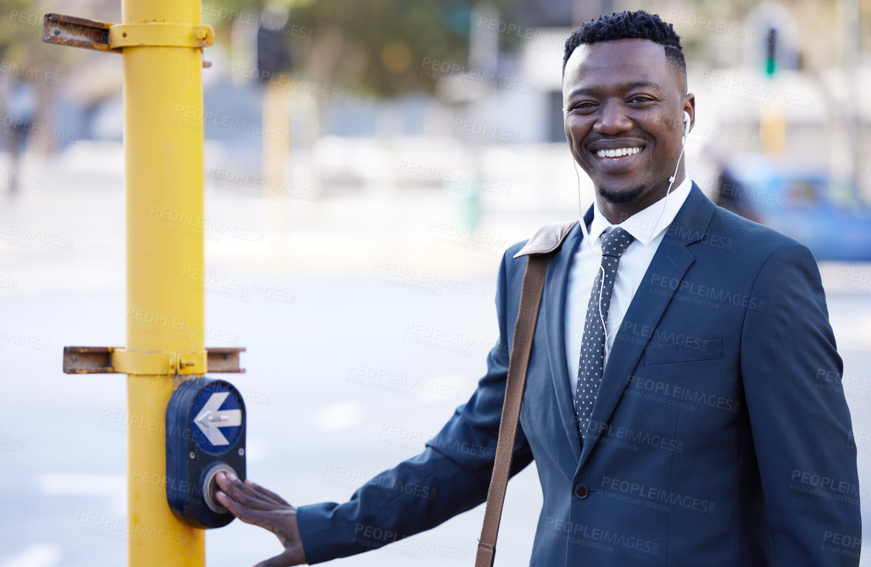 Buy stock photo Button, portrait and black man for pedestrian crossing, traffic light and street in city. Smile, commute and travel to work office in town with press and crosswalk, urban and road sidewalk for safety