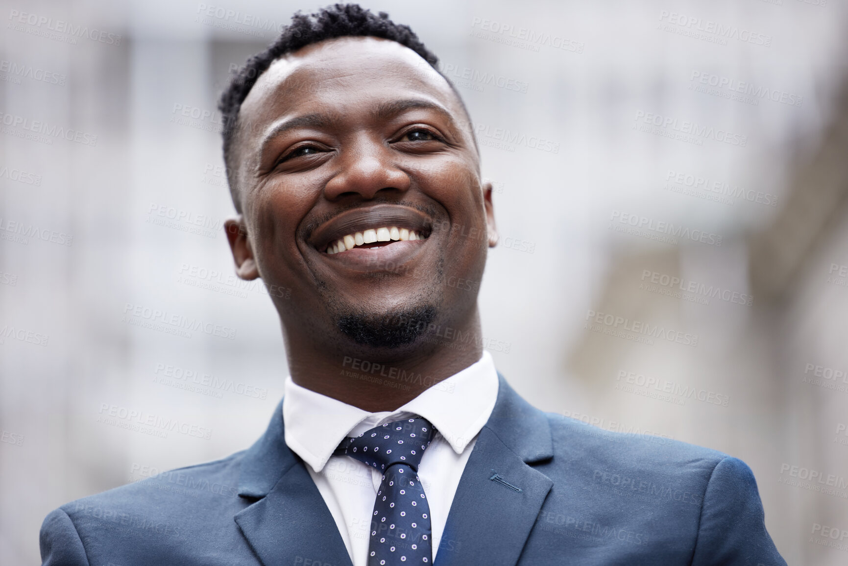 Buy stock photo African man, thinking and city for corporate inspiration, career vision and job goals. Black male lawyer, happy smile and idea for future law case in urban town with thoughtful and work opportunity