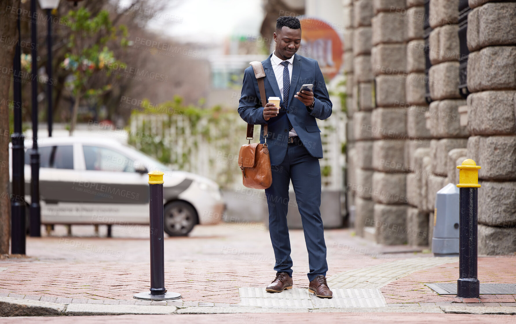Buy stock photo Cell phone, walk and black man in city for work commute, social media and networking in town. Travel, professional and male worked in road with coffee, smartphone and internet for texting and email